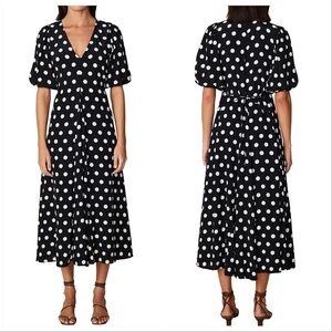 Faithfull the Brand Polka Dot Midi Dress XS Puff Sleeves, V-Neck, Black & White